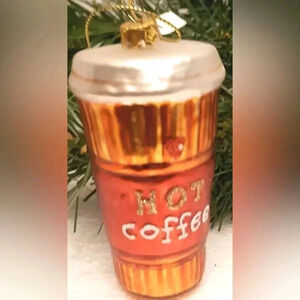 Rauch Industries | blown glass Hot Coffee travel mug Christmas tree ornament.